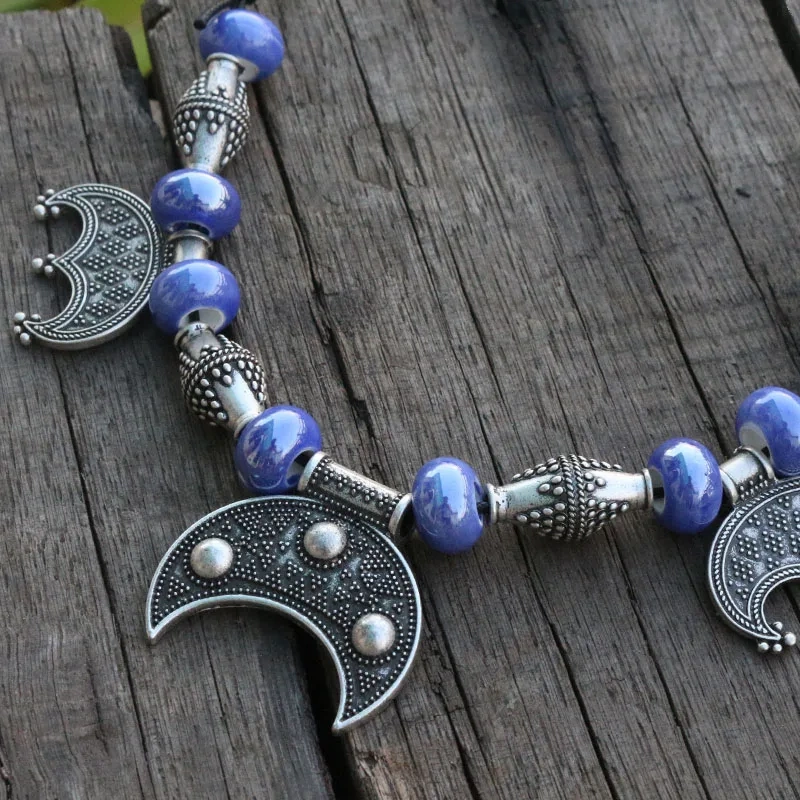 Purple Beads With Rigid Lunula Pendant, Slavic inspirations Rough Viking Age Dress Kette Necklace Brooch Jewelry For Charm Women