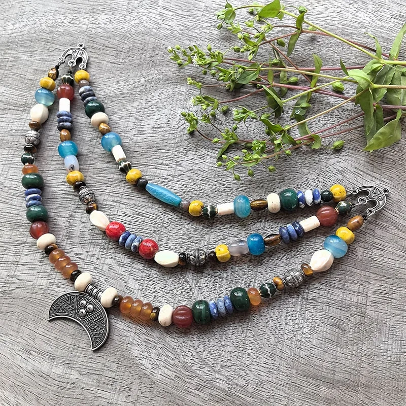 3 Rows Retro Blue Layered Classic Brooch Chain With Ceramic Beads,Viking Necklace,Celtic Jewelry,Tribal Jewelry Unique Gift