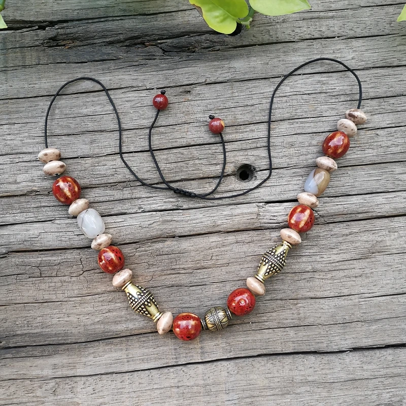 Ethnic Necklace 10mm Stone Beads,Red Onyx,Ceramic Bead,Moon Pendant,Unique Ethnic Jewelry,Bronze Ethnic Set Jewelry Gift For You