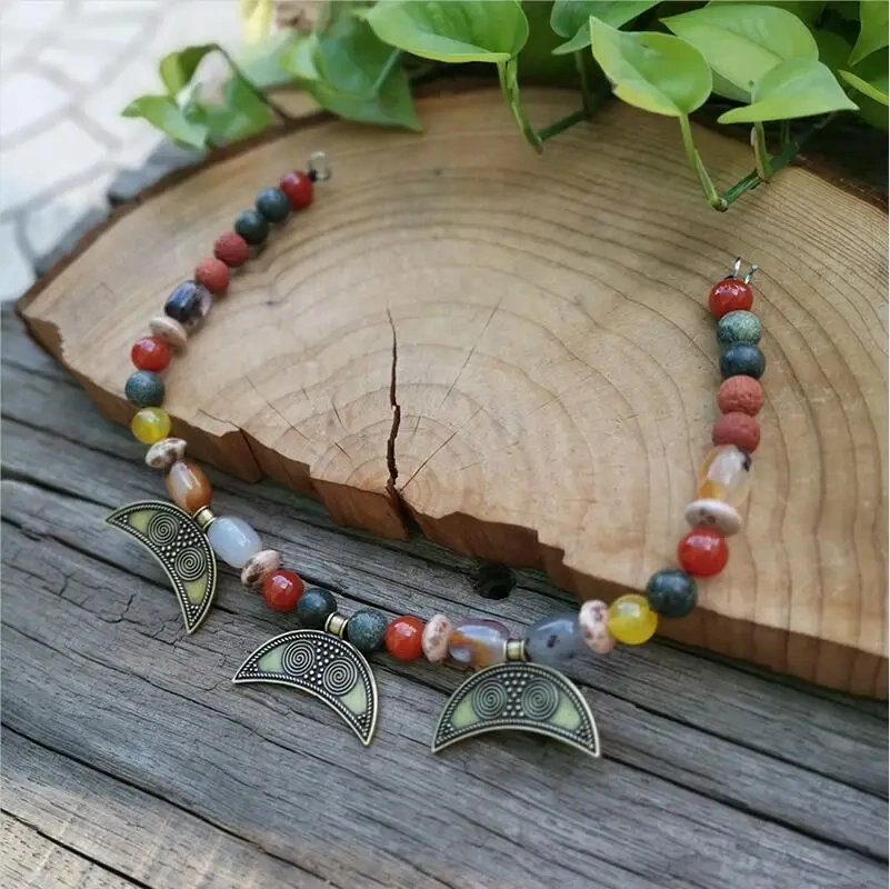 Ethnic Necklace 10mm Stone Beads,Red Onyx,Ceramic Bead,Moon Pendant,Unique Ethnic Jewelry,Bronze Ethnic Set Jewelry Gift For You