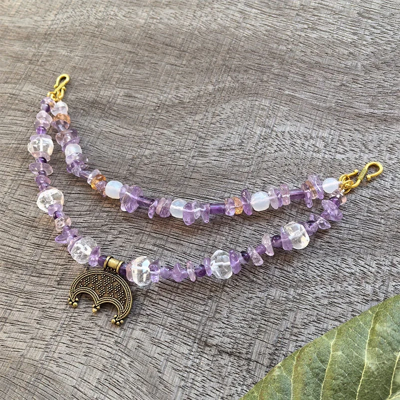 2 Rows Retro Dreaming Amethyst Layered Classic Brooch Chain With Crystal,Viking Necklace,Celtic Jewelry,Tribal Jewelry Gift