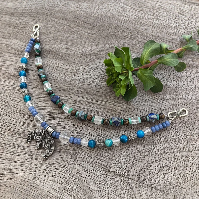 2 Rows Retro Lapis Lazuli Layered Classic Brooch Chain With Crystal,Viking Necklace,Celtic Jewelry,Tribal Jewelry Gift For You
