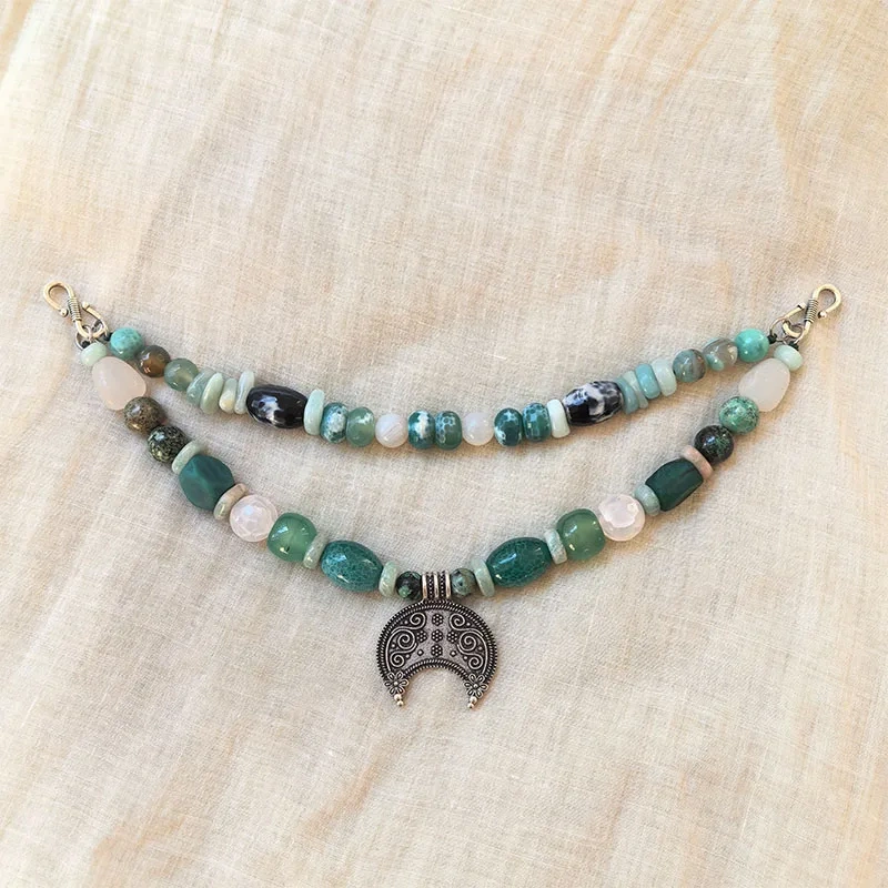 2 Rows Retro Green Layered Classic Brooch Chain With Green Onyx,Viking Jewellery,Celtic Jewellery,Tribal Jewelry,Gift For You