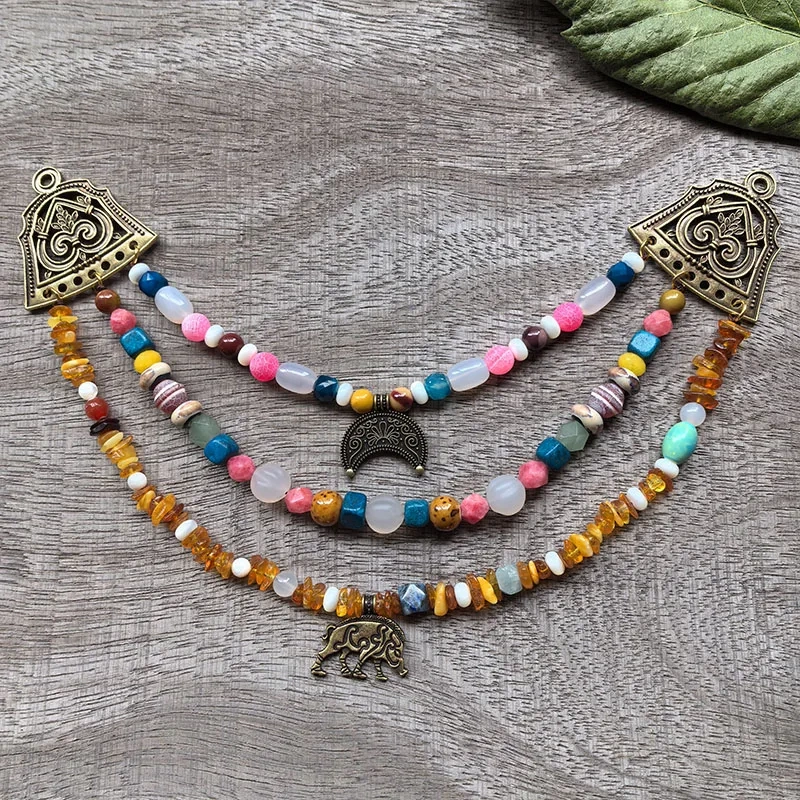 3 Rows Retro Viking Apron Brooches With Amber,Onyx,Metal And Shell Pearl Beads,Viking Necklace,Celtic Jewellery,Tribal Jewelry