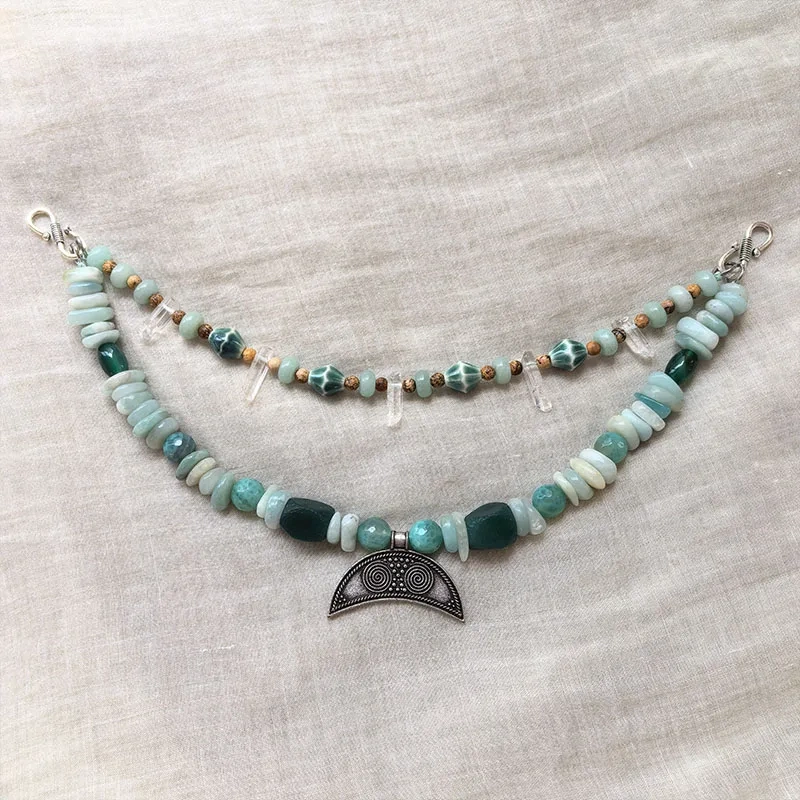2 Rows Retro Viking Apron Brooches With Amazonite Stone,Crystal,Viking Necklace,Celtic Jewellery,Tribal Jewelry Gift For You