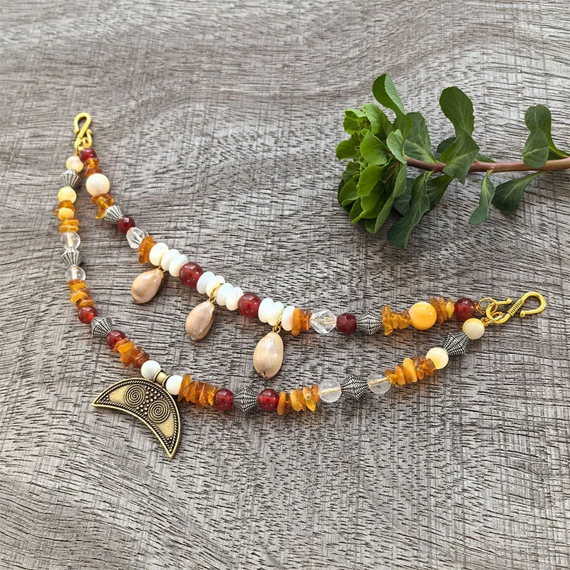 2 Rows Retro Amber Layered Classic Brooch Chain With Shell Pearl,Viking Onyx Beads,Celtic Jewelry,Tribal Necklace Gift For You