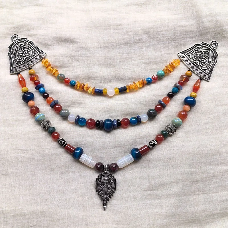 3 Rows Retro Viking Apron Brooches With Amber,Onyx,Metal And Lapis beads,Viking Necklace,Celtic Jewellery,Tribal Jewelry Gift