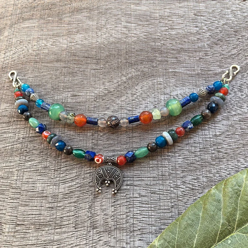 2 Rows Retro Lapis Layered Classic Brooch Chain With Green Onyx,Viking Necklace,Celtic Jewelry,Tribal Jewelry Blue Gift For You