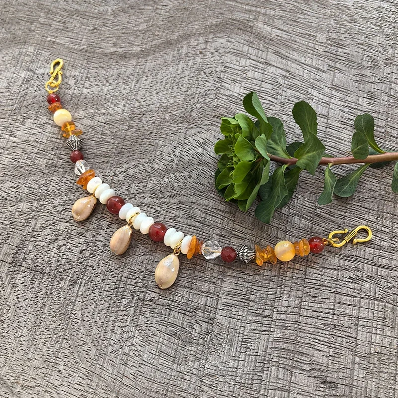 2 Rows Retro Amber Layered Classic Brooch Chain With Shell Pearl,Viking Onyx Beads,Celtic Jewelry,Tribal Necklace Gift For You