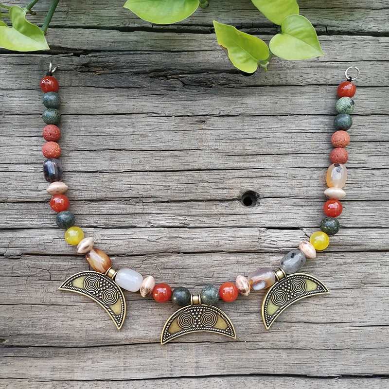 Ethnic Necklace 10mm Stone Beads,Red Onyx,Ceramic Bead,Moon Pendant,Unique Ethnic Jewelry,Bronze Ethnic Set Jewelry Gift For You