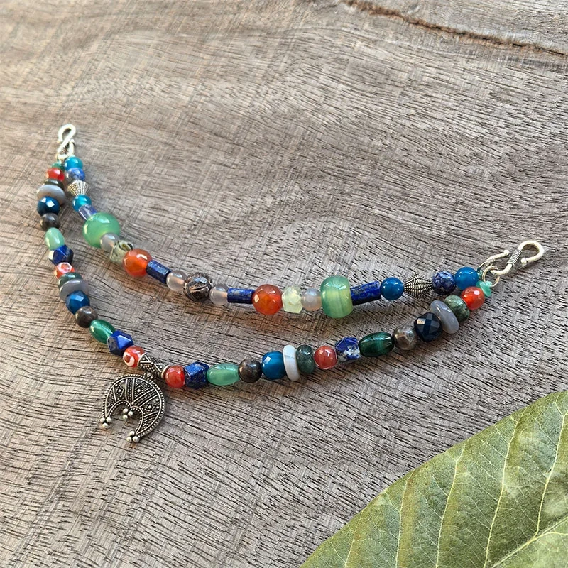 2 Rows Retro Lapis Layered Classic Brooch Chain With Green Onyx,Viking Necklace,Celtic Jewelry,Tribal Jewelry Blue Gift For You