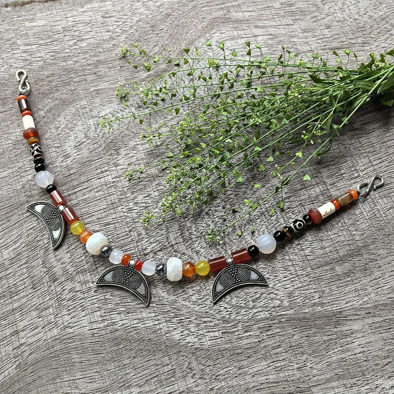 3 Rows Retro Red Onyx Layered Classic Brooch Chain With Moon Pendant,Viking Necklace,Celtic Jewelry,Tribal Jewelry Gift For You