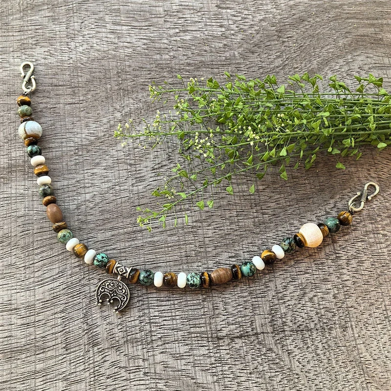 2 Rows Retro African Turquoise Layered Classic Brooch Chain With Tigers Eye,Viking Necklace,Celtic Jewelry,Tribal Jewelry Gift