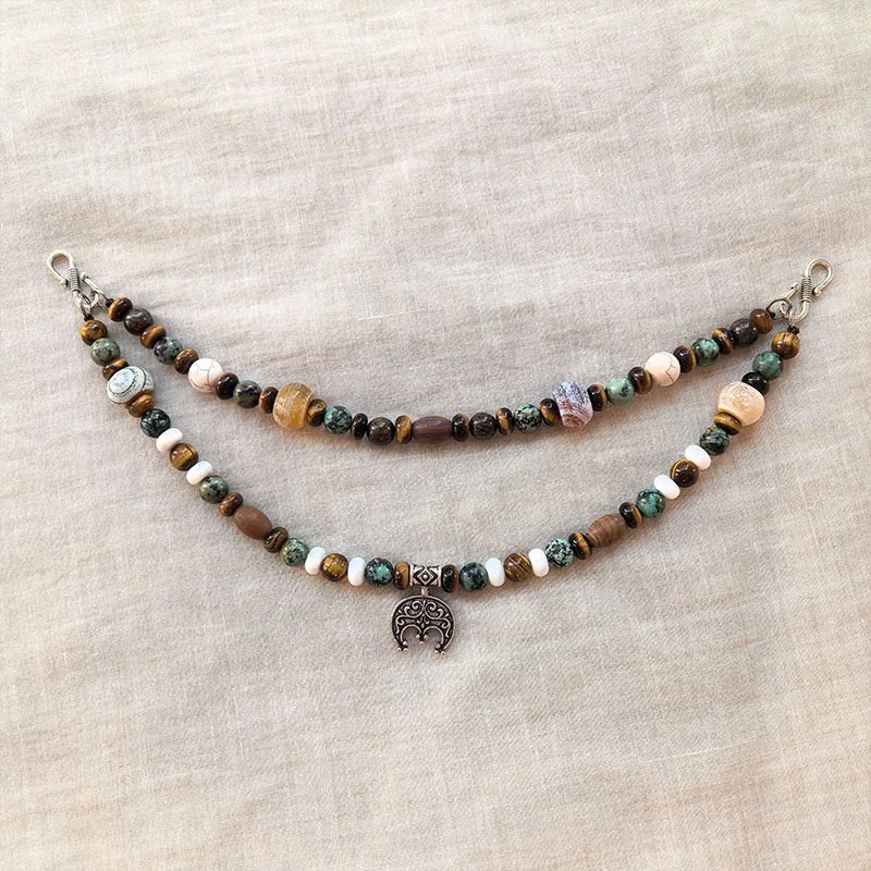 2 Rows Retro African Turquoise Layered Classic Brooch Chain With Tigers Eye,Viking Necklace,Celtic Jewelry,Tribal Jewelry Gift