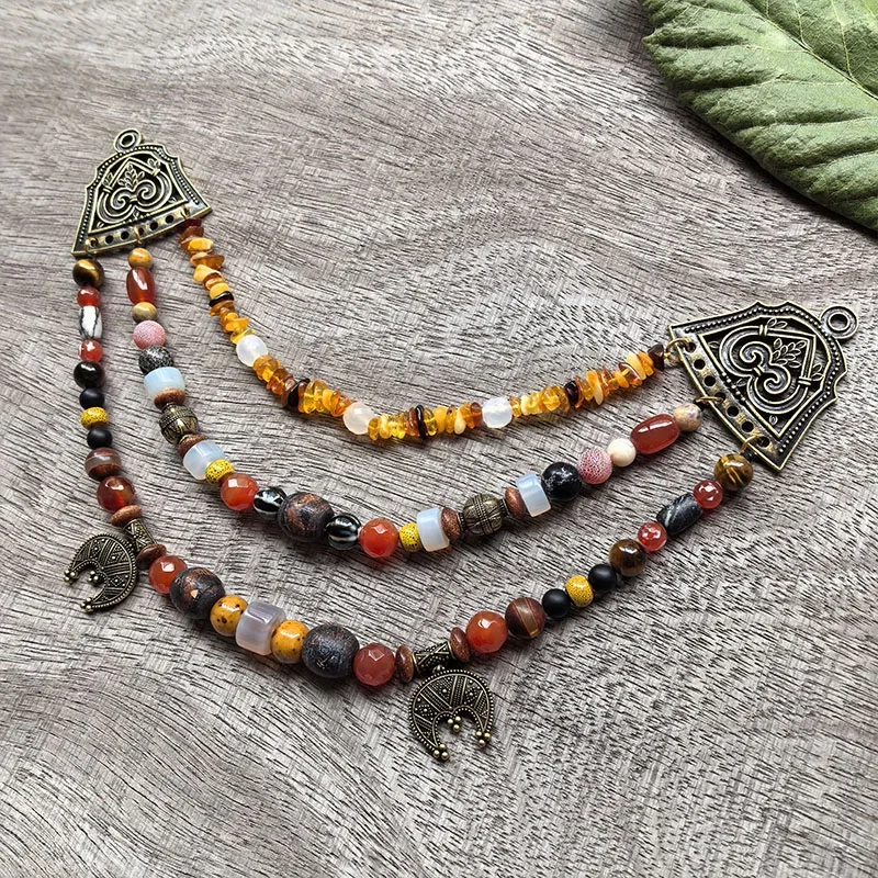 3 Rows Retro Viking Apron Brooches With Amber,Onyx,Metal And Ceramic Beads,Viking Necklace,Celtic Jewellery,Tribal Jewelry Gift