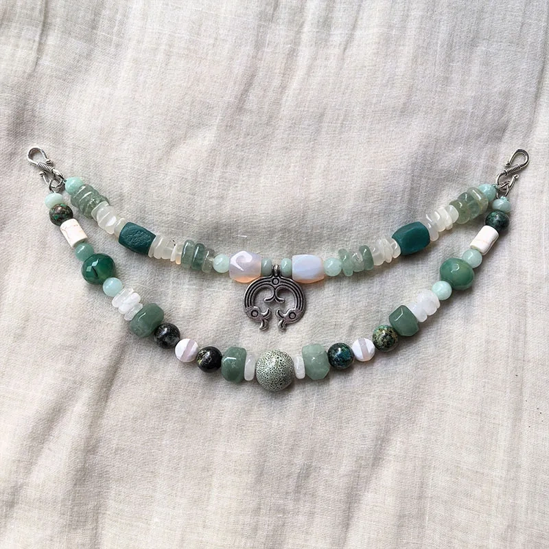 2 Rows Retro Green Layered Classic Brooch Chain With Crystal And Turquoise,Viking Jewellery,Celtic Jewellery,Tribal Jewelry,Gift
