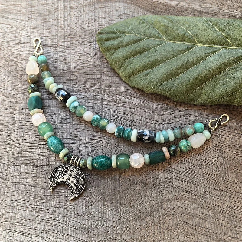 2 Rows Retro Green Layered Classic Brooch Chain With Green Onyx,Viking Jewellery,Celtic Jewellery,Tribal Jewelry,Gift For You