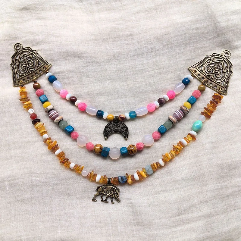 3 Rows Retro Viking Apron Brooches With Amber,Onyx,Metal And Shell Pearl Beads,Viking Necklace,Celtic Jewellery,Tribal Jewelry