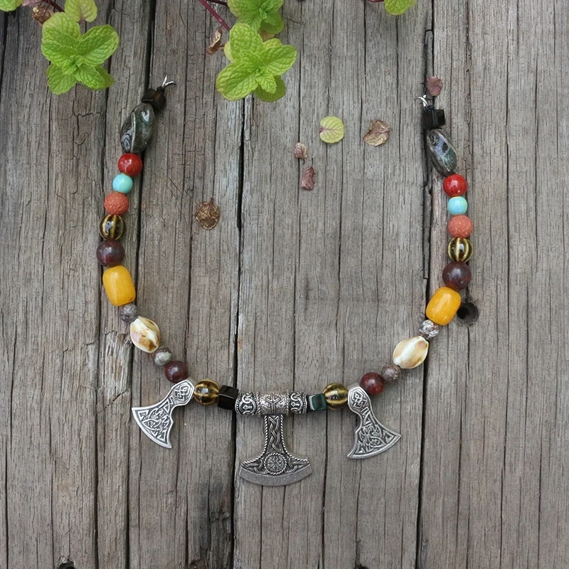 Viking Ethnic Jewelry, Moon, Natural Stones,Antique Onyx,Red Lava,Unique Ceramic Beads,Beautiful Ethnic Brooch Necklace,Handmade