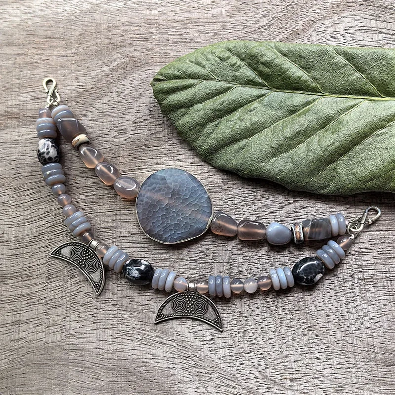 2 Rows Retro Gray Layered Classic Brooch Chain With Gray Onyx,Viking Jewellery,Celtic Jewellery,Tribal Jewelry,Unique Gift