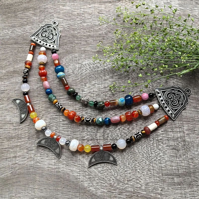 3 Rows Retro Red Onyx Layered Classic Brooch Chain With Moon Pendant,Viking Necklace,Celtic Jewelry,Tribal Jewelry Gift For You