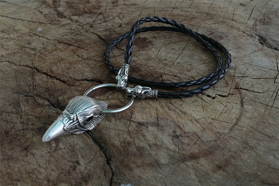 Viking raven head pendant norse jewelry men necklace with wolf head chain norse odin raven Crow pendant