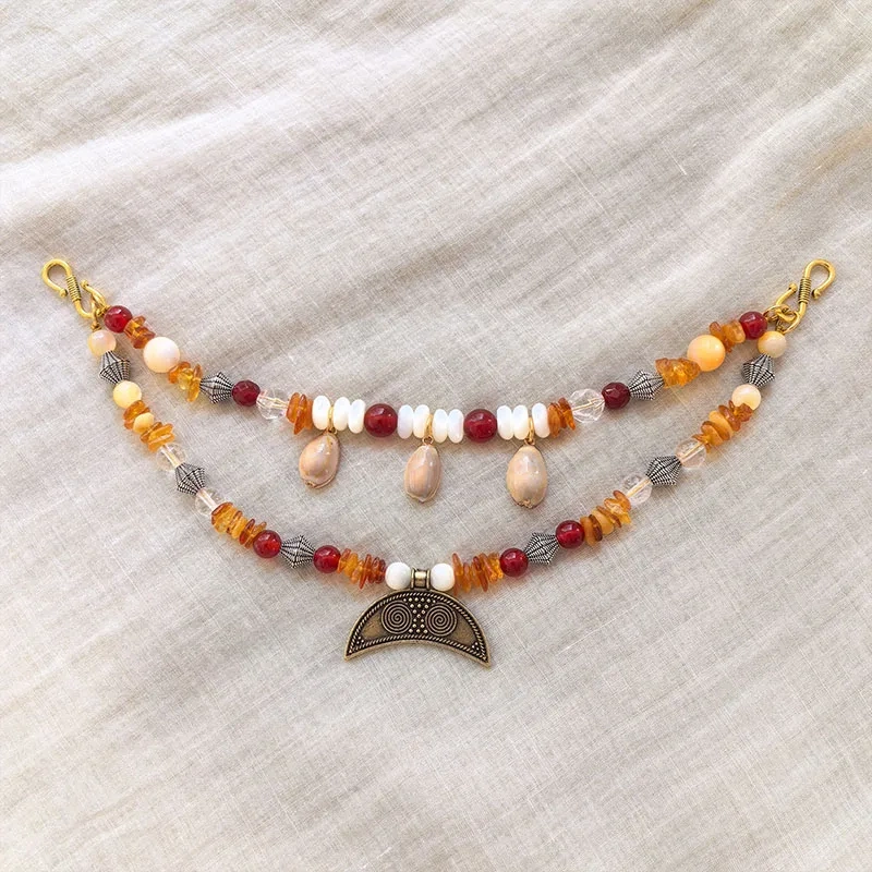 2 Rows Retro Amber Layered Classic Brooch Chain With Shell Pearl,Viking Onyx Beads,Celtic Jewelry,Tribal Necklace Gift For You