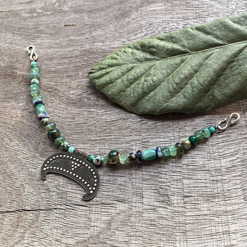 2 Rows Retro Green Layered Classic Brooch Chain With Green Onyx,Viking Jewellery,Celtic Jewellery,Tribal Jewelry,Unique Gift
