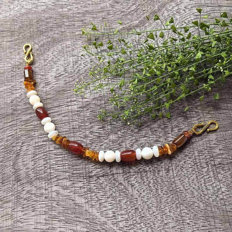 3 Rows Retro Red Onyx Layered Classic Brooch Chain With Shell Pearl Beads,Viking Necklace,Celtic Jewelry,Tribal Jewelry Gift