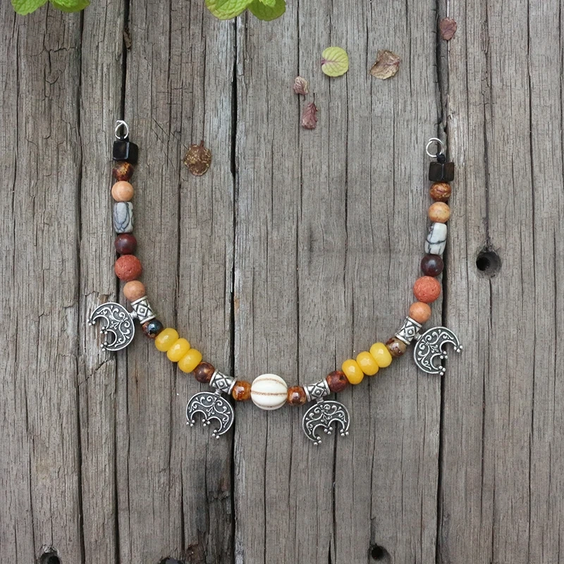 Viking Ethnic Jewelry, Moon, Natural Stones,Antique Onyx,Red Lava,Unique Ceramic Beads,Beautiful Ethnic Brooch Necklace,Handmade