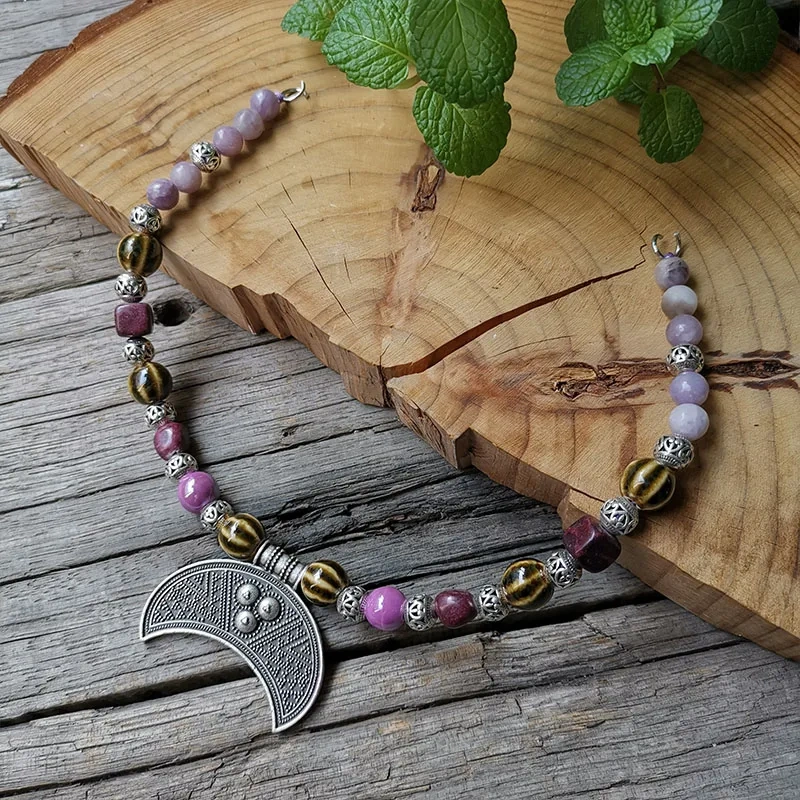 3 Row Viking Brooch Chain With Lilac And Amethyst Stone Beads,Moon,Unique Ethnic Jewelry,Norse Apron Chain,Viking Jewelry Gift
