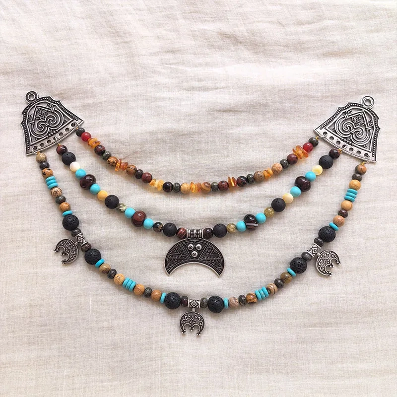 3 Rows Retro Amber Layered Classic Brooch Chain With Jasper,Viking Necklace,Celtic Jewelry,Tribal Jewelry Gift For You