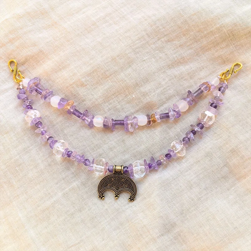 2 Rows Retro Dreaming Amethyst Layered Classic Brooch Chain With Crystal,Viking Necklace,Celtic Jewelry,Tribal Jewelry Gift