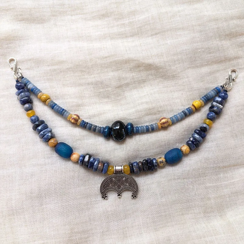 2 Rows Retro Viking Apron Brooches With Sodalite Stone,Ceramic Beads,Viking Necklace,Celtic Jewellery,Tribal Jewelry Blue Gift