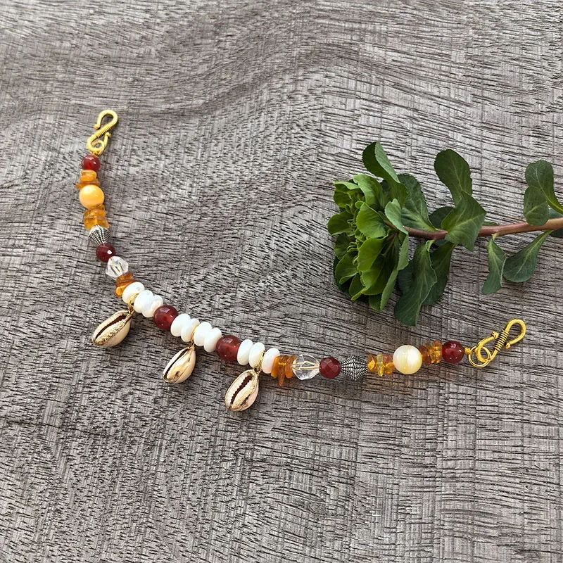 2 Rows Retro Amber Layered Classic Brooch Chain With Shell Pearl,Viking Onyx Beads,Celtic Jewelry,Tribal Necklace Gift For You