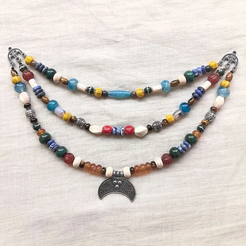 3 Rows Retro Blue Layered Classic Brooch Chain With Ceramic Beads,Viking Necklace,Celtic Jewelry,Tribal Jewelry Unique Gift