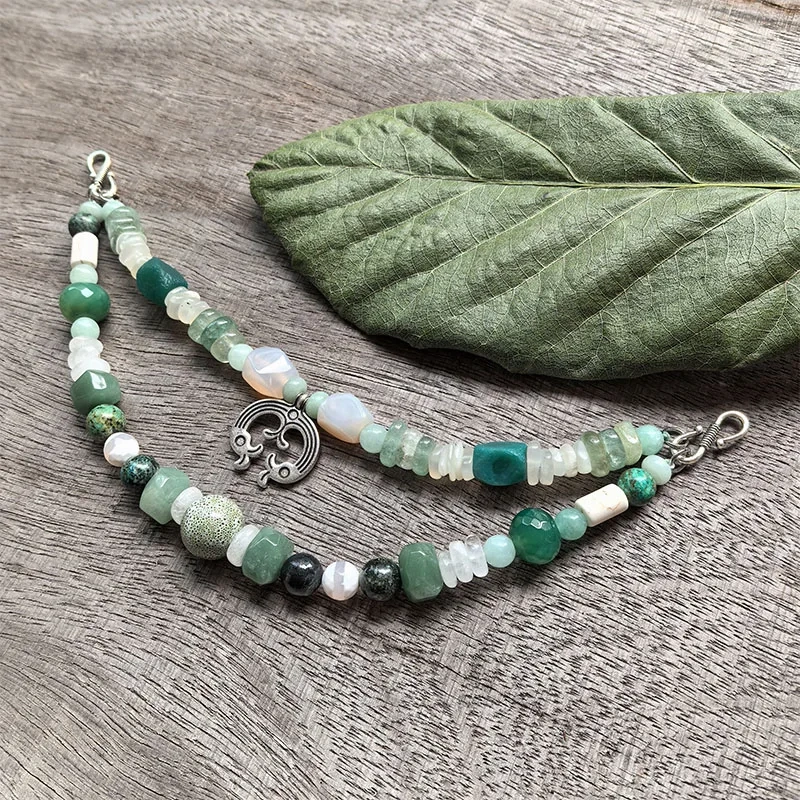 2 Rows Retro Green Layered Classic Brooch Chain With Crystal And Turquoise,Viking Jewellery,Celtic Jewellery,Tribal Jewelry,Gift