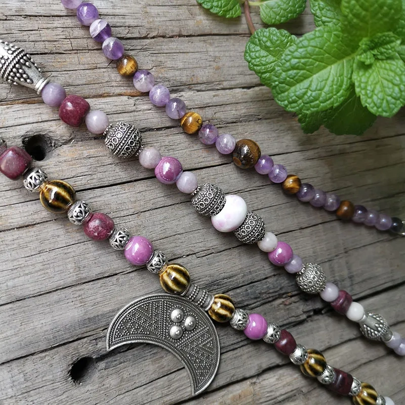 3 Row Viking Brooch Chain With Lilac And Amethyst Stone Beads,Moon,Unique Ethnic Jewelry,Norse Apron Chain,Viking Jewelry Gift