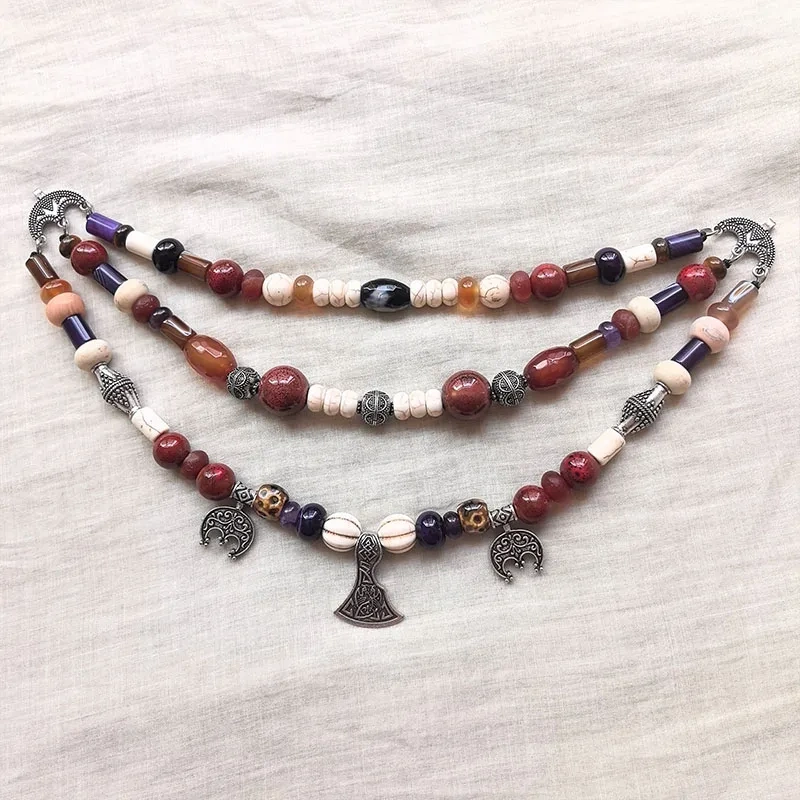 3 Rows Retro Red Layered Classic Brooch Chain With Ceramic Beads,Viking Necklace,Celtic Jewelry,Tribal Jewelry Unique Gift
