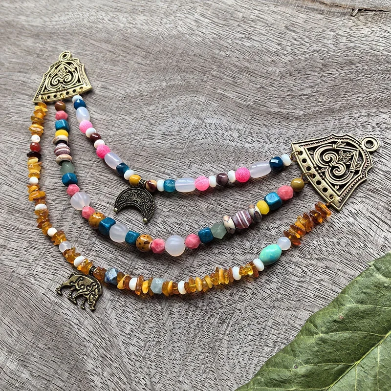 3 Rows Retro Viking Apron Brooches With Amber,Onyx,Metal And Shell Pearl Beads,Viking Necklace,Celtic Jewellery,Tribal Jewelry