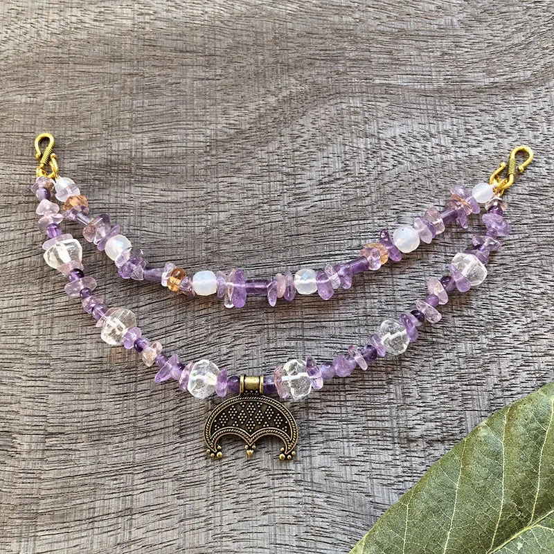 2 Rows Retro Dreaming Amethyst Layered Classic Brooch Chain With Crystal,Viking Necklace,Celtic Jewelry,Tribal Jewelry Gift