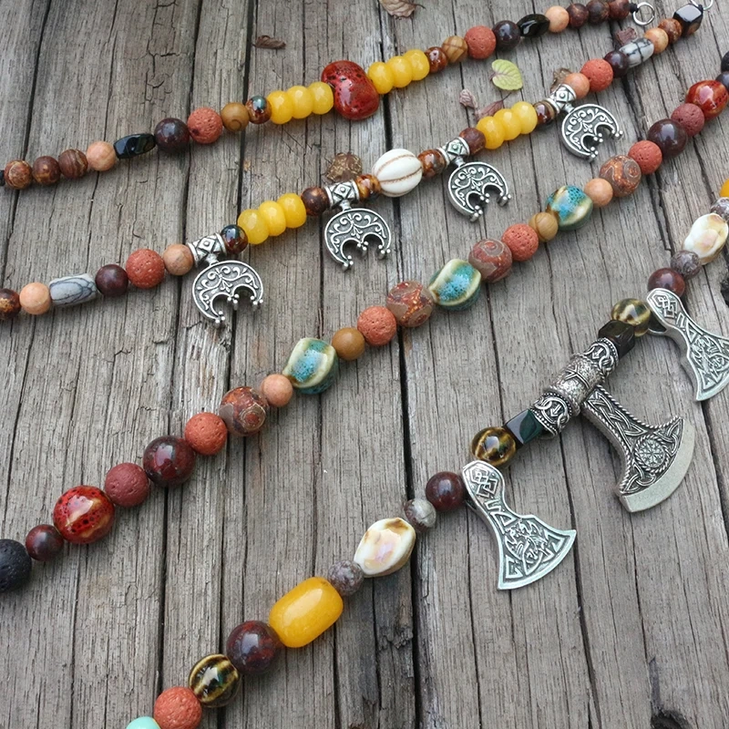 Viking Ethnic Jewelry, Moon, Natural Stones,Antique Onyx,Red Lava,Unique Ceramic Beads,Beautiful Ethnic Brooch Necklace,Handmade