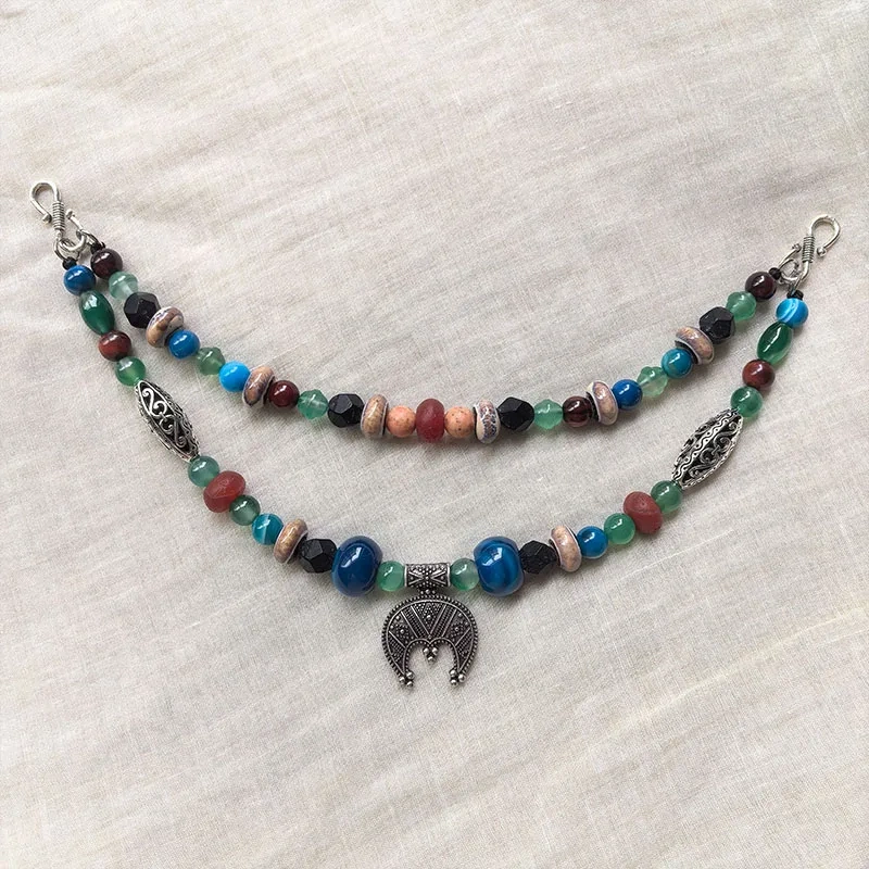 2 Rows Retro Mix Onyx Layered Classic Brooch Chain With Moon Pendant,Viking Necklace,Celtic Jewelry,Tribal Jewelry Gift You