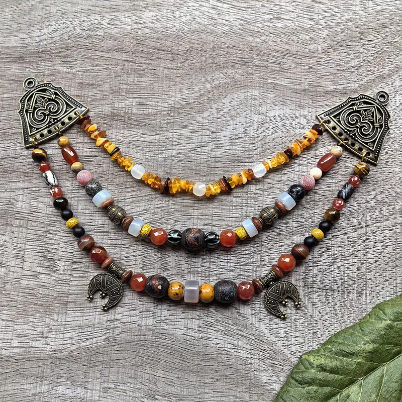 3 Rows Retro Viking Apron Brooches With Amber,Onyx,Metal And Ceramic Beads,Viking Necklace,Celtic Jewellery,Tribal Jewelry Gift