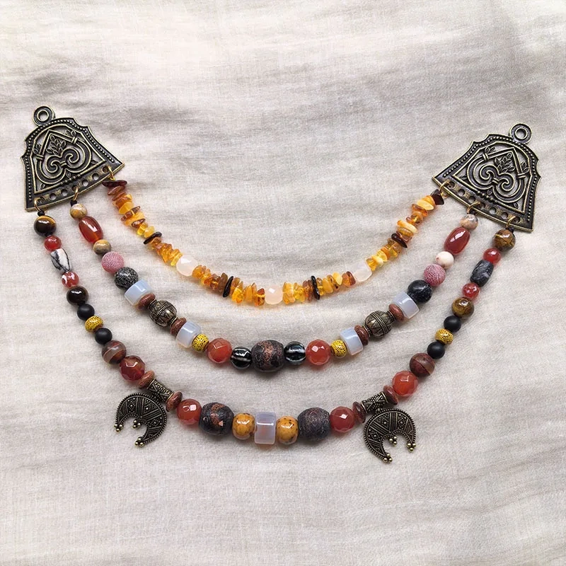 3 Rows Retro Viking Apron Brooches With Amber,Onyx,Metal And Ceramic Beads,Viking Necklace,Celtic Jewellery,Tribal Jewelry Gift