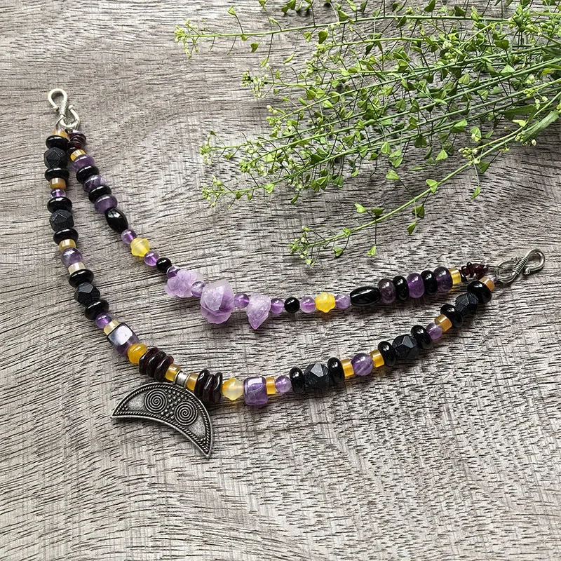 2 Rows Retro Amethyst Layered Classic Brooch Chain With Moon Pendant,Viking Necklace,Celtic Jewelry,Tribal Jewelry Gift For You