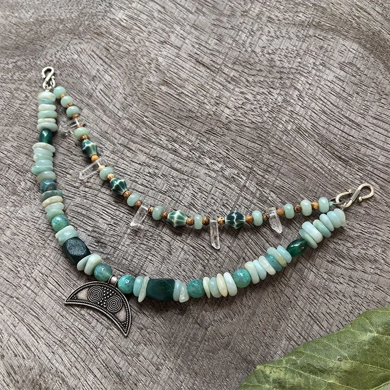 2 Rows Retro Viking Apron Brooches With Amazonite Stone,Crystal,Viking Necklace,Celtic Jewellery,Tribal Jewelry Gift For You