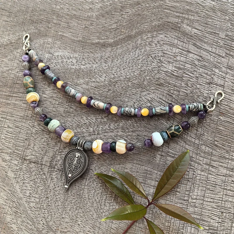 2 Rows Retro Amethyst Layered Classic Brooch Chain With Shell Pearl,Jade,Viking Beads,Viking Necklace,Tribal Jewelry Gift