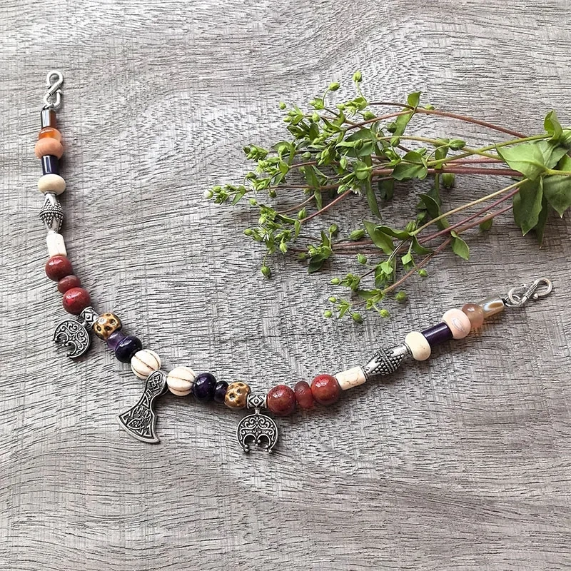 3 Rows Retro Red Layered Classic Brooch Chain With Ceramic Beads,Viking Necklace,Celtic Jewelry,Tribal Jewelry Unique Gift