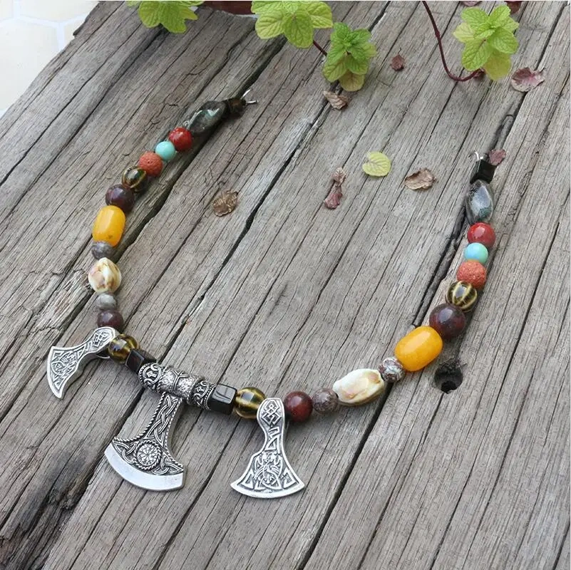 Viking Ethnic Jewelry, Moon, Natural Stones,Antique Onyx,Red Lava,Unique Ceramic Beads,Beautiful Ethnic Brooch Necklace,Handmade